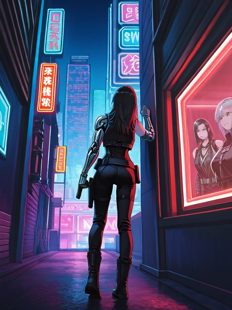 cyberpunk book cover. cybernetic chinese sexy girl hacker wearing red cheonsam in cyberpunk chinese apartment with window view to megacity corporation black skyscrapers at night
