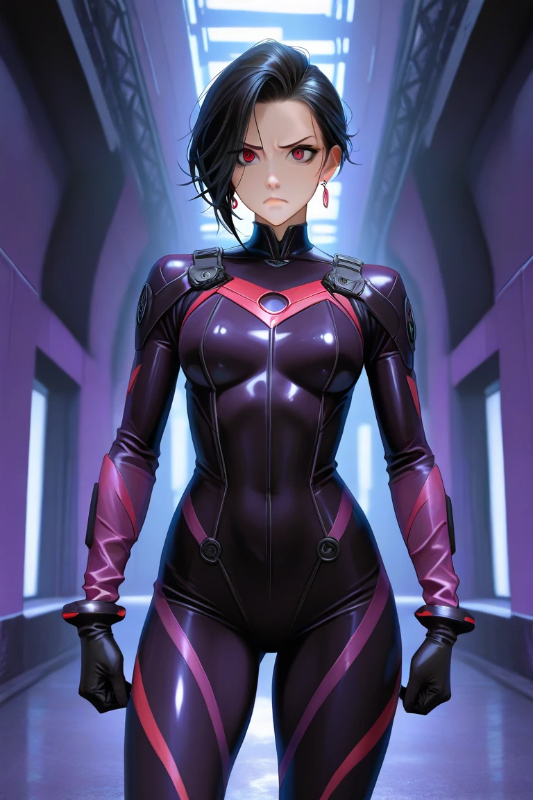 (work of art, Best quality, absurd, 4K, aesthetics, perfect eyes, perfect face, detailed, intricate, Perfect Lighting) 1 girl with fair skin, short dark hair shaved on the sides, wears a dark red and black futuristic bodysuit, heroine , queen of an alien race, warrior, gentle smile