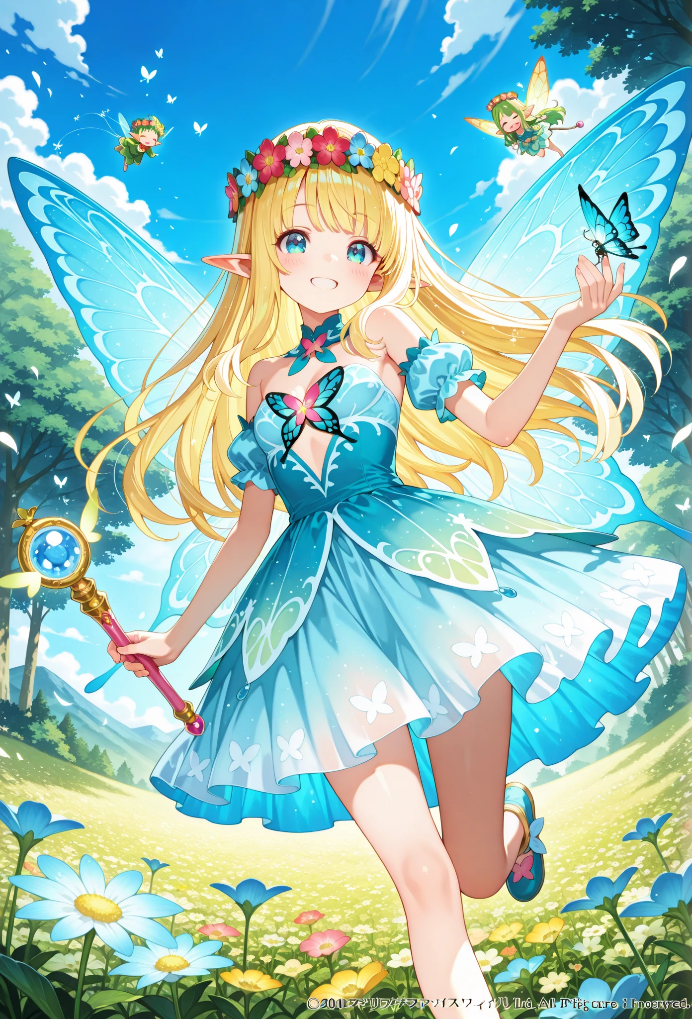 ((masterpiece), best quality, high quality, professional quality, highly detailed, highres, perfect lighting, natural lighting), beautiful fairy, butterfly wings, multicolored wings, translucent wings, sitting, on flower