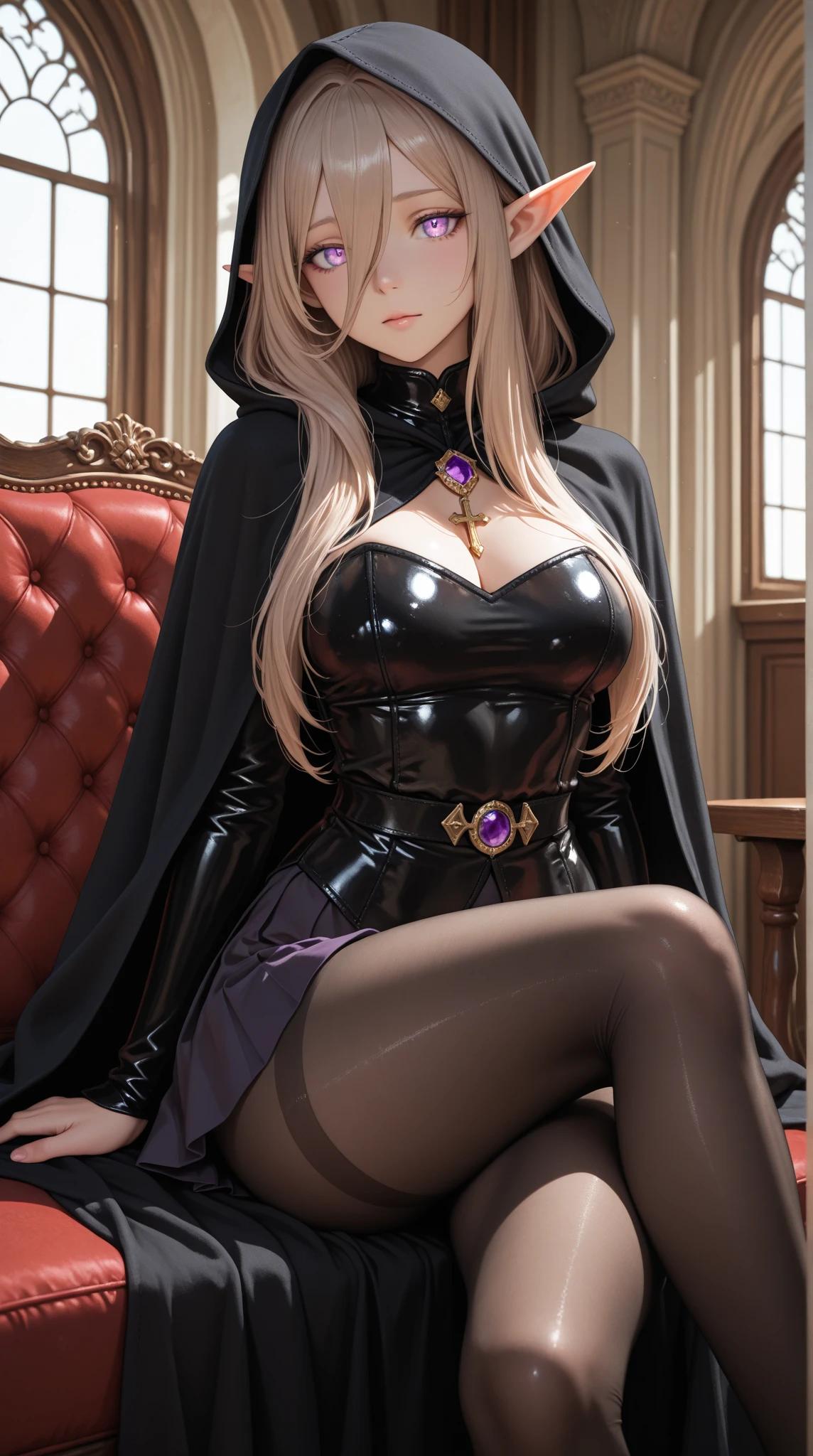 (8k, raw photo, photorealistic, best quality, masterpiece:1.2), 1girl, ringlets, black mantle, throne