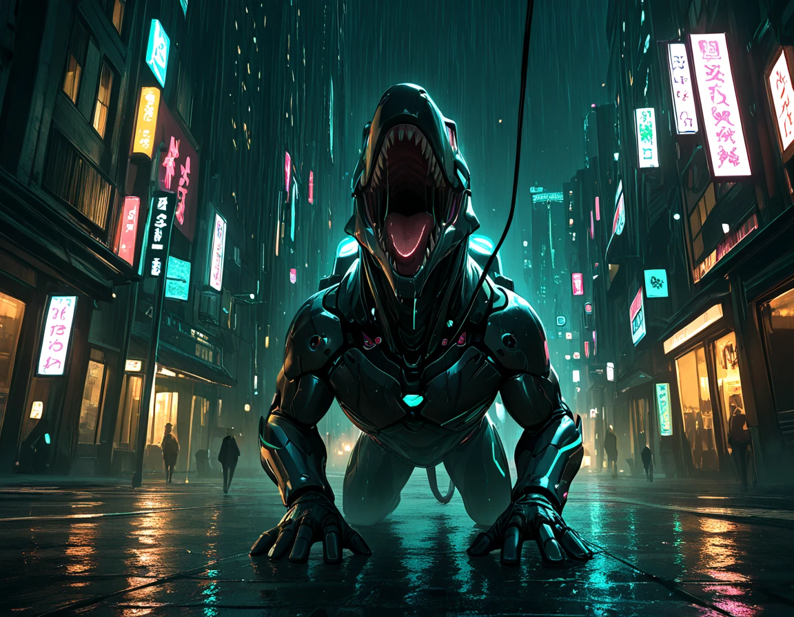 Monster with 4 legs and long tail standing in cyber punk street watching buildings, detailed monster, detailed street, detailed neon lightning, detailed dark sky, highly detailed, best quality, masterpiece, 8k wallpaper.