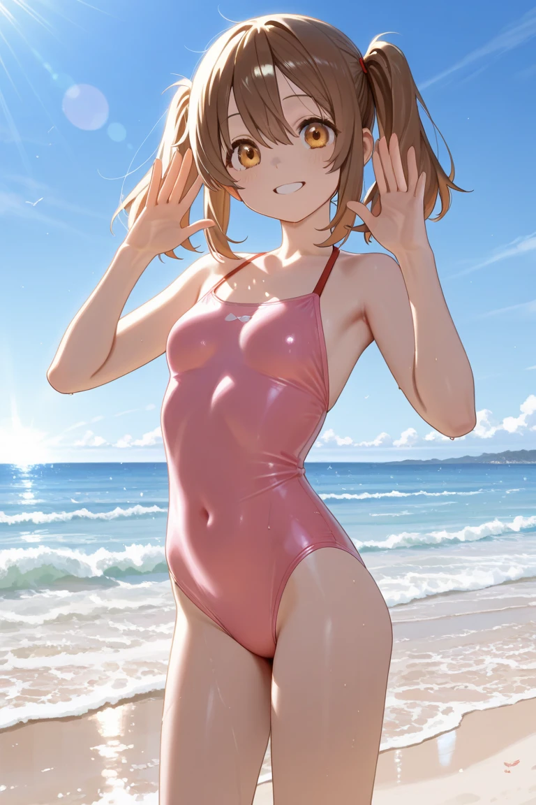 girl, alone, short hair, Bronze colored hair, thin, Misaka sister,Yellow ultra-high leg one-piece swimsuit , Beach、play、Fascinating、smile、