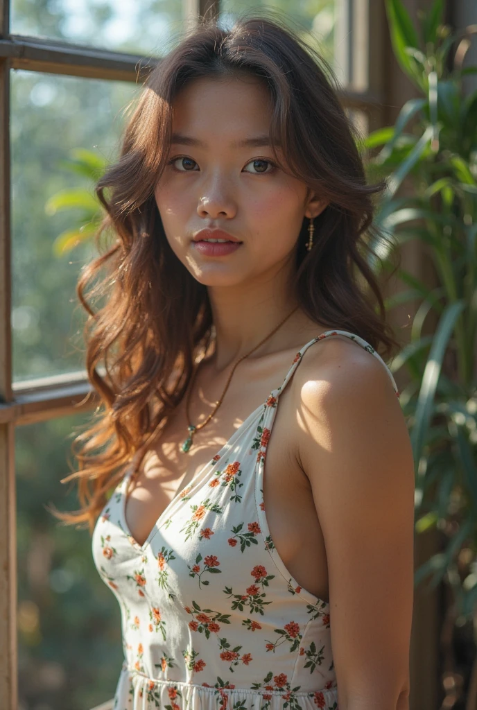 Woman, flower Dress, look at viewer, oval face shape posing for a picture, cleavage, sexy body, Jungle, (Rim Light:1.2), (flowers mess in background:1.4)