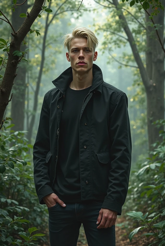 arafed male bodybuilde posing in a forest with a trail, skinny male fantasy scientist, standing in the forrest, tall and muscular, in woods, god of the forest, in the woods, in beautiful woods, in full growth, standing in the forest, skinny male fantasy alchemist, perfect symmetrical body, portrait of a slender elven man