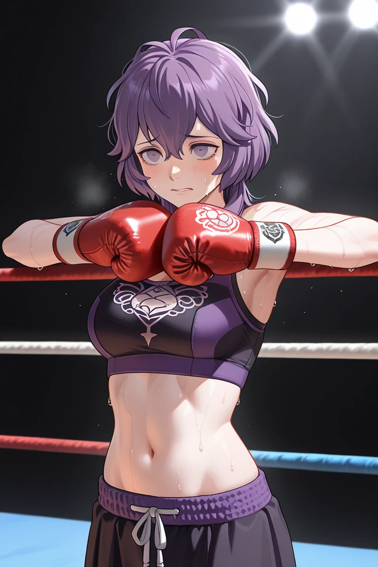 high quality, rich woman, purple hair braided, Brown eyes, arrogant smile, in a purple low-cut bra, in black tight panties with purple seams, wearing black boxing gloves with purple seams, standing alone in a dark boxing ring in an empty gym, holds hands in boxing gloves at head level in defense
