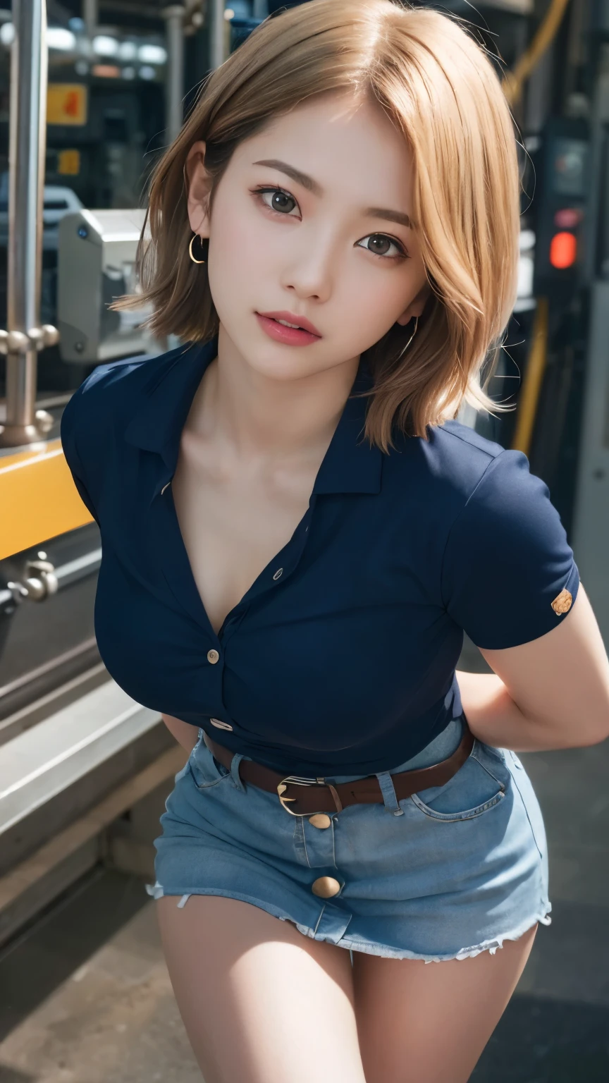 a tomboy girl, short hair, pixie blonde hair, pilot hat, tall, sexy, cleavage, long legs, short white jeans, tank top, sneakers, muscular body, huge giantess girl sitting on a truck, crossed legs, looks down at the viewer with fiery red eyes, exuding a seductive energy, thicc thick, biceps, muscular abs