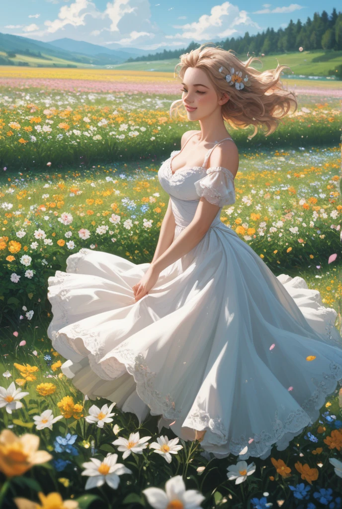 Illustration of a girl, 1 blonde child of "10 years", "happy" in an enchanted flower garden, wearing long dress of braco and blue color, blue sky of clouds, playing with butterflies, beautiful illustration, beautiful UHD 4k art, a beautiful art illustration, art in the style of guweiz, atey ghailan 8K, artgerm and atey ghailan, girl,  1 blonde child of "10 years", wearing long dress of white and blue color, happy in an enchanted flower jadim, playing with butterflies, (butterflies). (best quality, masterpiece), pose, particles, wind, flower, full body, enchanted garden background, looking at the butterflies. --auto
