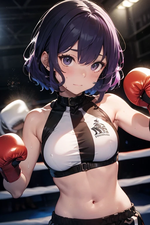 Slender pretty high school girl who lost a mixed martial arts match in the ring, mouth open, out of breath, exhausted, match is over, referee is raising the arms of the opposing female athlete. Short black hair, covered in sweat, small breasts, sports bra, open finger gloves 