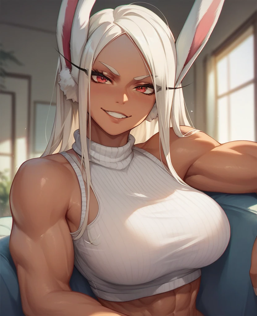 mirko mha, navel, dark-skinned female, bare shoulders, large breasts, blush, 1girl, rabbit girl, red eyes, collarbone, black pants, smile, parted bangs, thick thighs, animal ears, muscular, muscular female, abs, rabbit ears, looking at viewer, solo, white hair, long hair, full body, very long hair, sports bra, barefoot, wristband, pants, dark skin, cleavage, thighs, midriff