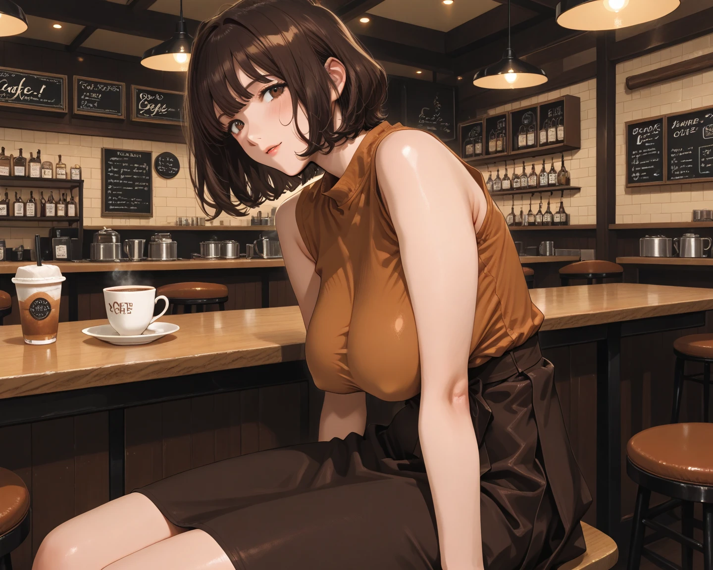 [[rateethe your legs]]、[[rateethe one leg]]、[[knee high boots]]、[[knee high socks]]、[[pleated skirt]]、
(1) there teeth one woman、
(2) (The woman teeth sitting with her legs out in front of her, しかし彼女の膝teethくっついている.:1.8), (Please show the composition as seen from the front..:1.5)、(両足teeth地面にあります:1.8)、
(3) (女性teeth白い長袖タートルネックニットを着ています:1.5)、(スカートteethバックスリットが入ったミニスカートteeth:1.8)、(彼女teeth長く着ています, slim black boots.:1.5)、
(4) パンティーteeth白の派手な柄teeth、
(5) (女性teeth短い茶色の髪をしています:1.5), shining eyes, A provocative grin,
(6) (The place teeth a tall high stool in a cafe.（Counter chair）teeth:1.8), 
(7) highest quality, High resolution, realteethtic pictures, realteethtic skin,