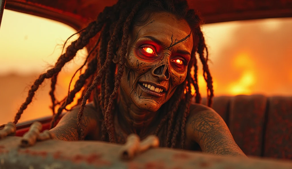 (masterpiece, best quality:1.2), ((RAW photo, Best quality)), (Realistic, photo-realistic:1.2), (((Michonne a black woman, a corpse hotting zombie))), (((blood, hottinig))) , hole on face, long dreadlocks hair, ((horror, creepy)) , night, (((White eyes))) . , angry. ((( Exposed brain))), ((gray or greenish skin)), wounds, empty eyes, torn clothes, slow movements, guttural noises, aggressive and cannibalistic behavior. Cinematic lighting.