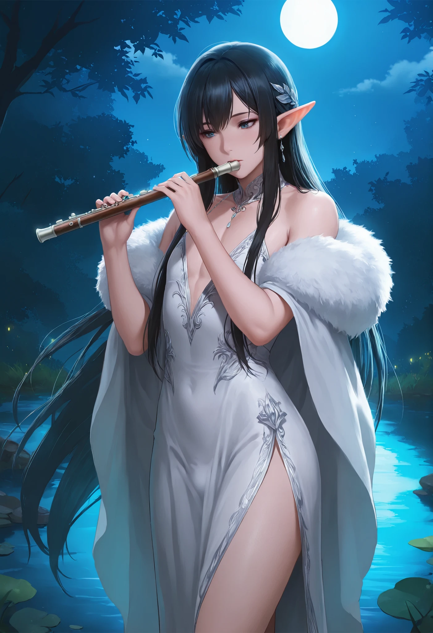 masterpiece, best quality, cinematic lighting, 1boy, elf, femboy, androgynous, pointed ears, long flowing black hair, wearing an elegant, flowing white elven gown with silver embroidery, playing a haunting melody on a wooden flute, serene expression, standing by a moonlit pond in a mystical garden, (moonlight:1.2)
