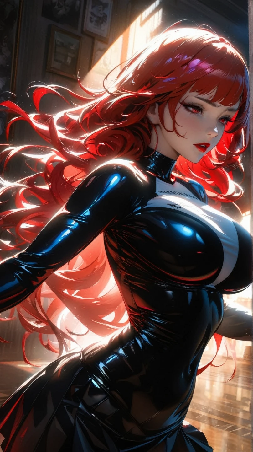(best quality:1.5, highres, UHD, 4K, detailed lighting, shaders), red wavy haired, gradient hair, large breasts, suit, social long pants, mature woman with glasses, (pov), white background, colorful eyeshadow, dramatic lighting, sparkling eyes, sensual expression, golden earrings, flowing hair, delicate facial features, soft skin, high cheekbones, urban setting, white background, dont look for the camera, lean forward, wet with water.