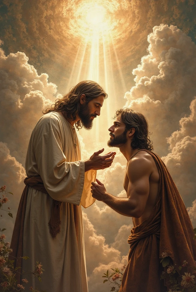 Jesus looking down from heaven at a 23-year-old boy, Spanish complexion, sad