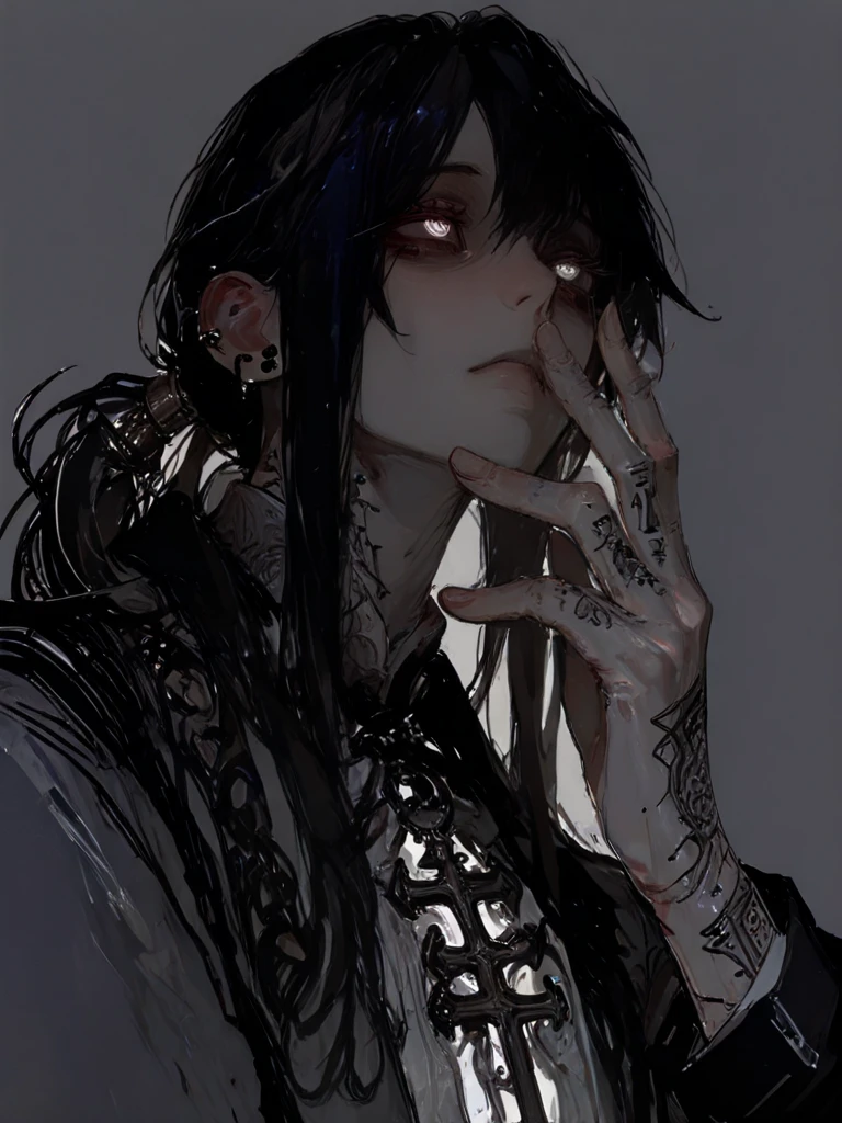 {high quality}, {detailed}, metalhead guy, long black hair, band tee, dark spikes bracelet, with simple corpse paint makeup.