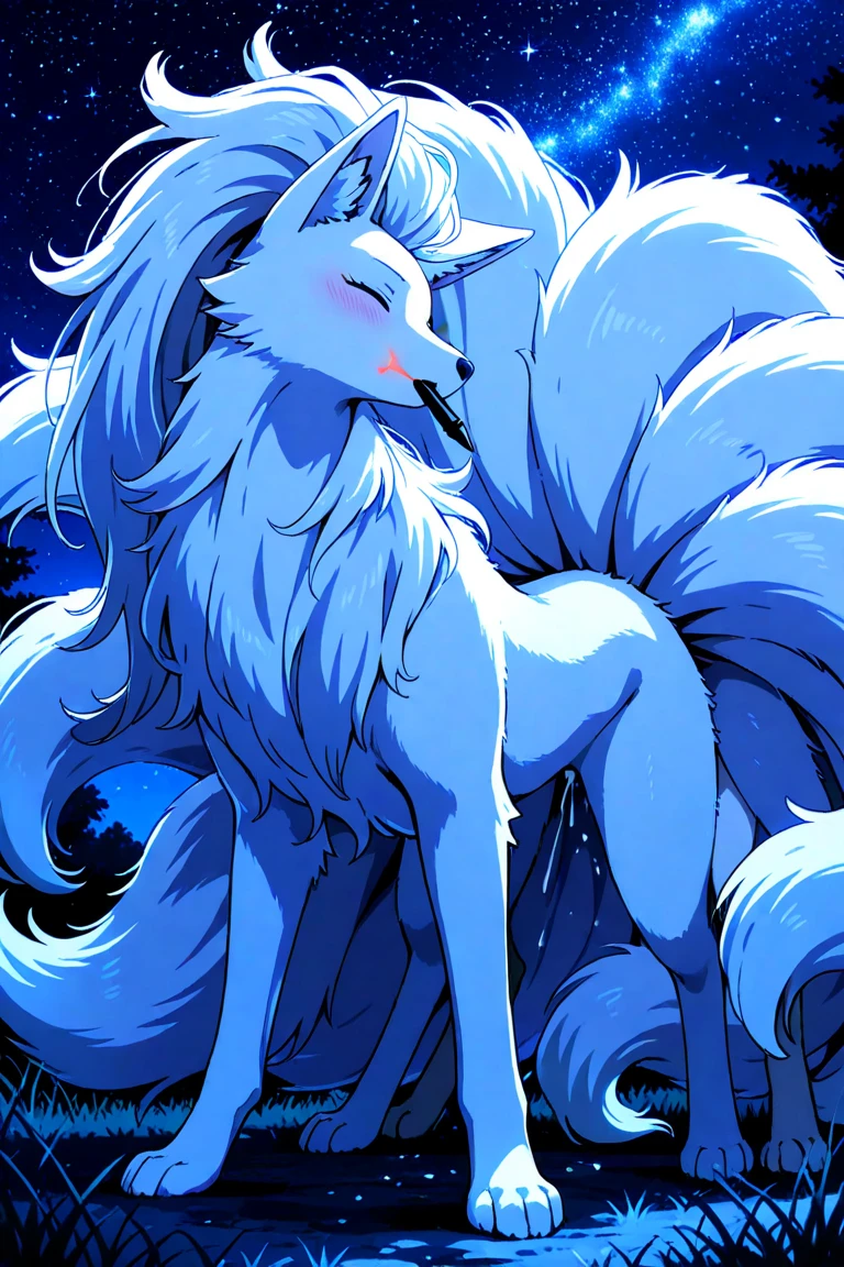 (((White fox with 9 tails)))), Alolan Ninetales, feral, feral fox, Highest quality, Highest quality, High quality illustrations, masterpiece, Ultra-high resolution, Detailed Background, night, Absurd, Perfect Anatomy, performance, Good lighting, fox, white fur, NSFW, canine penis, presenting penis, looking at viewer, half-closed eyes, smug smile, smile, spread pussy, bodily fluids, side view, low angle view