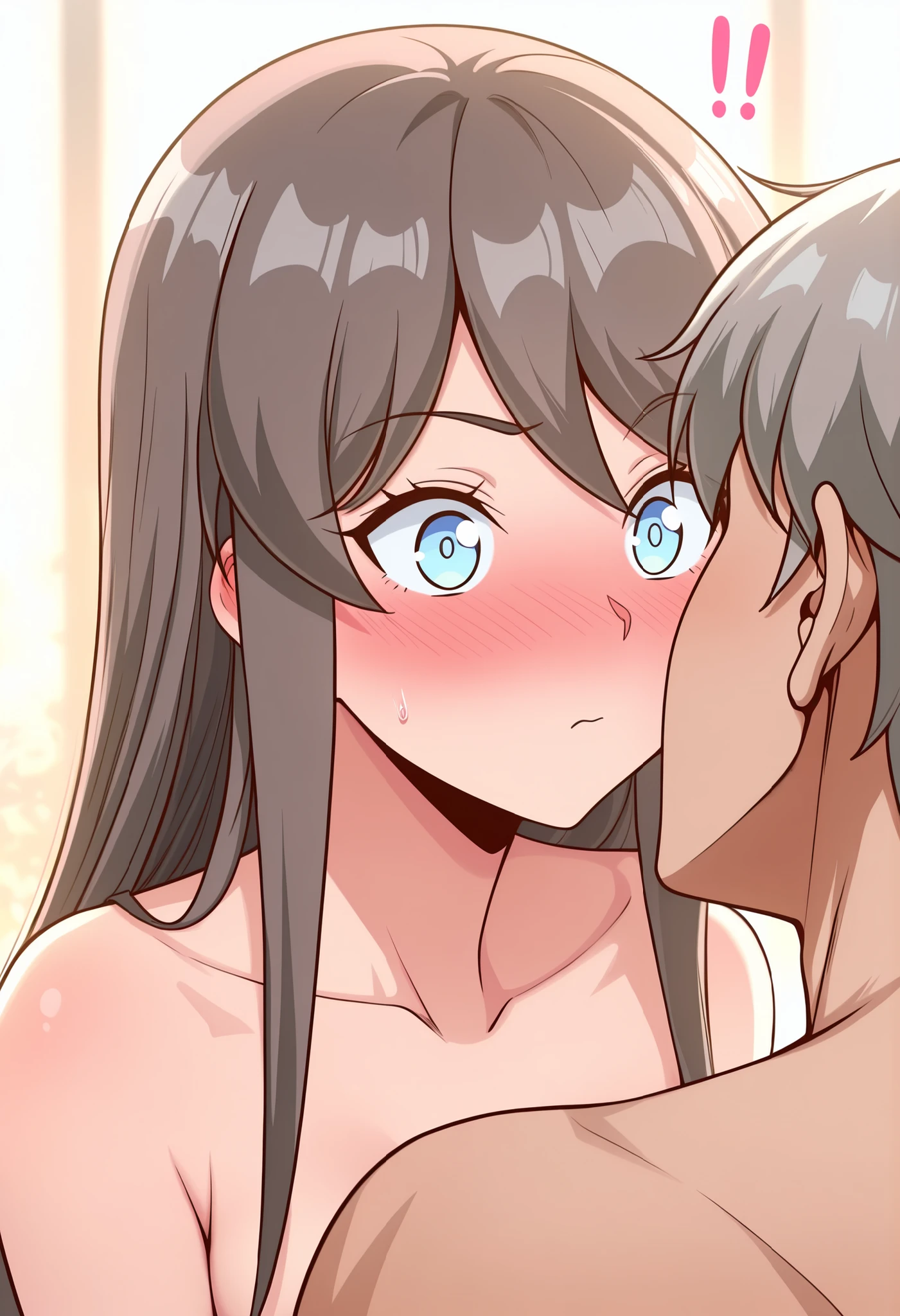 BREAK masterpiece, best quality), amazing quality, absurdres, highres, newest, HDR, 8K, 1girl, tilly_wimbledon, grey hair, long hair, blue eyes, nude, surprise kiss, !, !?, kissing cheek, hetero, blush, embarrassed,closed eyes, 1boy