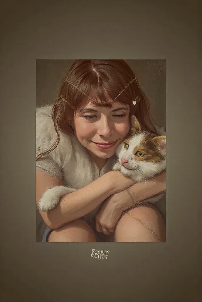 painting of a woman holding a cat with long hair, in the art style of bowater, hermione, inspired by Hermione Hammond, big cheeks holding her cat, woman and cat, she is holding a cat in her arms, hermione granger, art from harry potter, holding a cat, with cats on her side, detailed illustration portrait, colored sketch, detailed fanart