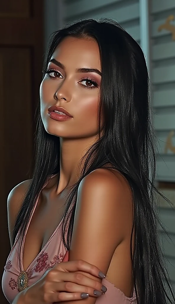 A woman with long, straight black hair sits handcuffed in a seductive pose. Her expression is alluring, combining a touch of vulnerability with sensuality. The setting emphasizes her elegance, with her smooth hair cascading over her shoulders, and her body language exuding confidence and intrigue.