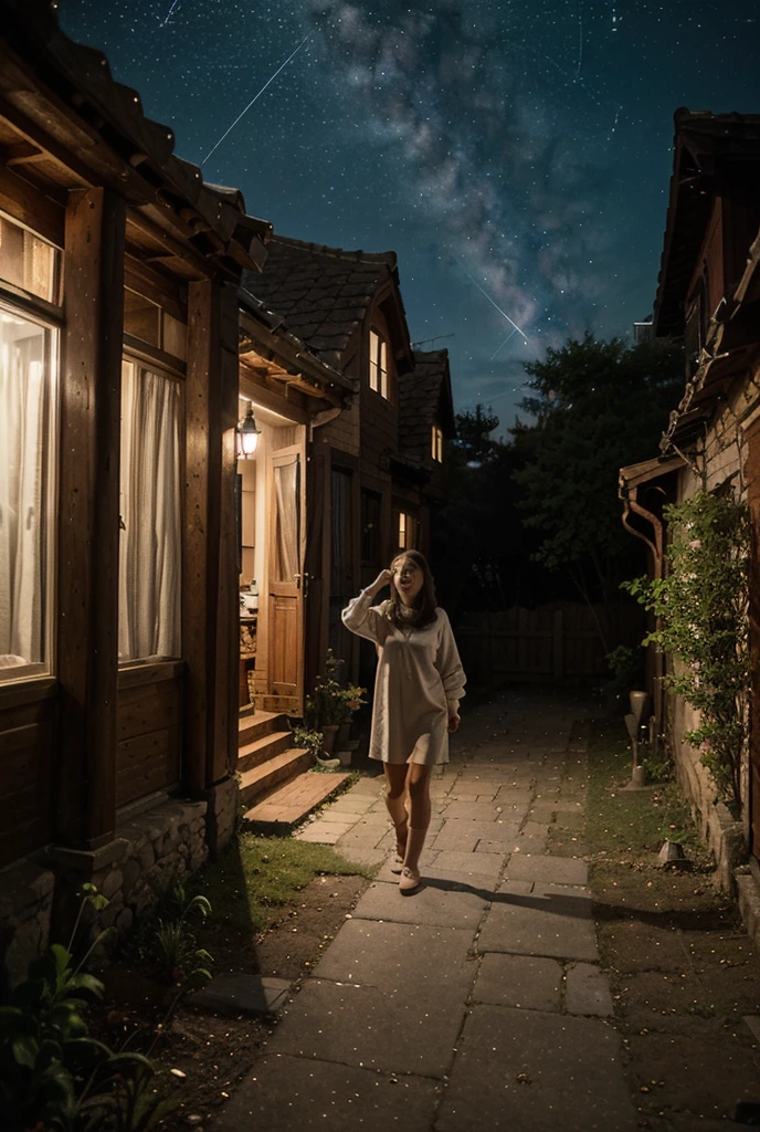 On a beautiful night, under the soft glow of the stars, a 45 year old woman is smiling in front of a small rural house. She exudes a peaceful joy, your smile reflecting the peace of the surrounding environment. At home, simple and cozy, is surrounded by lush vegetation, creating a serene and welcoming scene. the night sky, dotted with stars, adds a magical touch to the scene, making the moment even more special. 8K ultra realistic portrait.