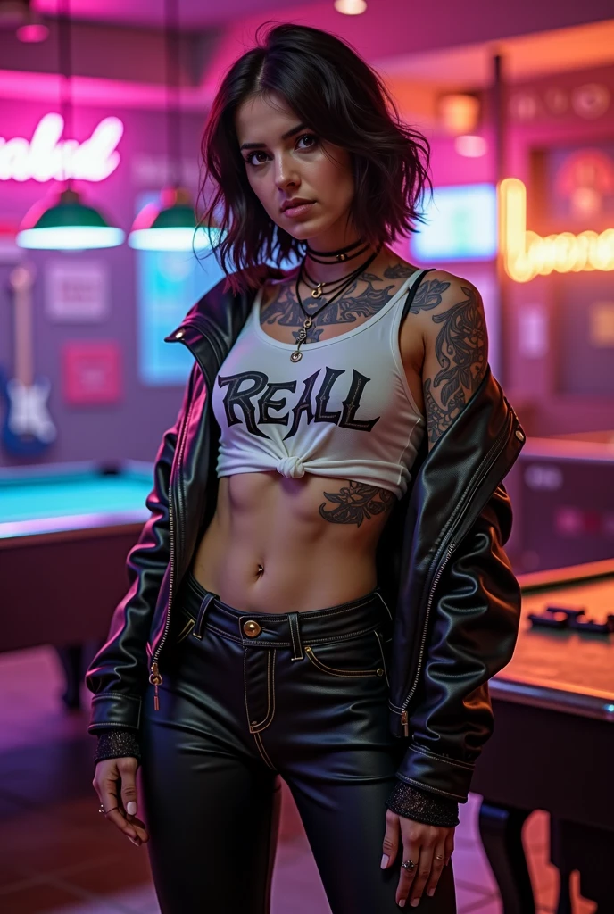 young girl, (16 years old), (perfect face), fit body (covered in tattoos), (style: rocker), (with green eyes color), (full body only), (wearing: black band t-shirt, shorts ), perfect ass, back view, (black, short, straight hair), (medium, rounded breasts), (in the background, rocker style night club).