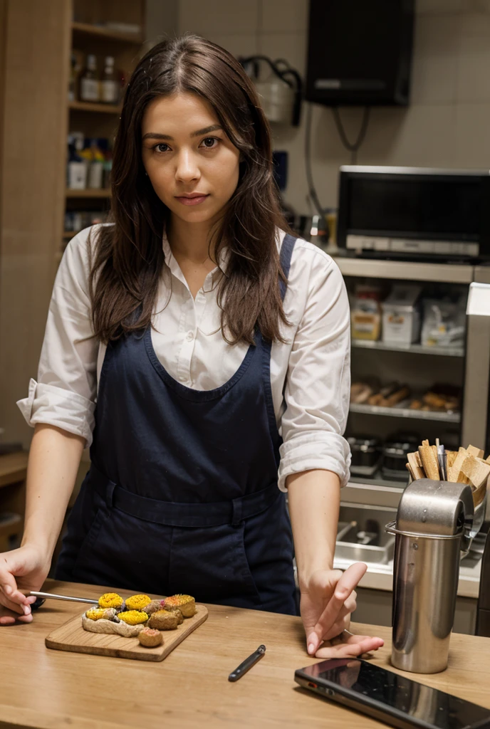 girl with sad look,black hair tied, wearing office shirt and a brown barista apron,beverage alcohol bottle display case, background, ultra detail, hdr photography