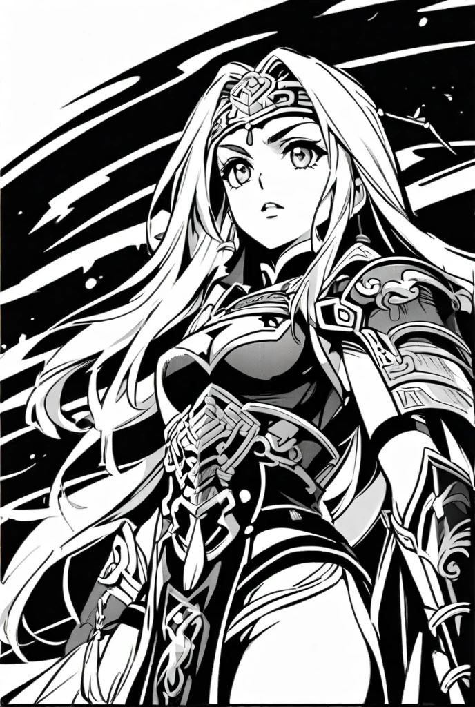 masterpiece, superlative, female, solo, bust closeup, leather shoulder pads, leather arm guards, fabric clothing, medium-long length hair, smiling, flower line drawing background, white background, monochrome, line drawing, ((sketch))