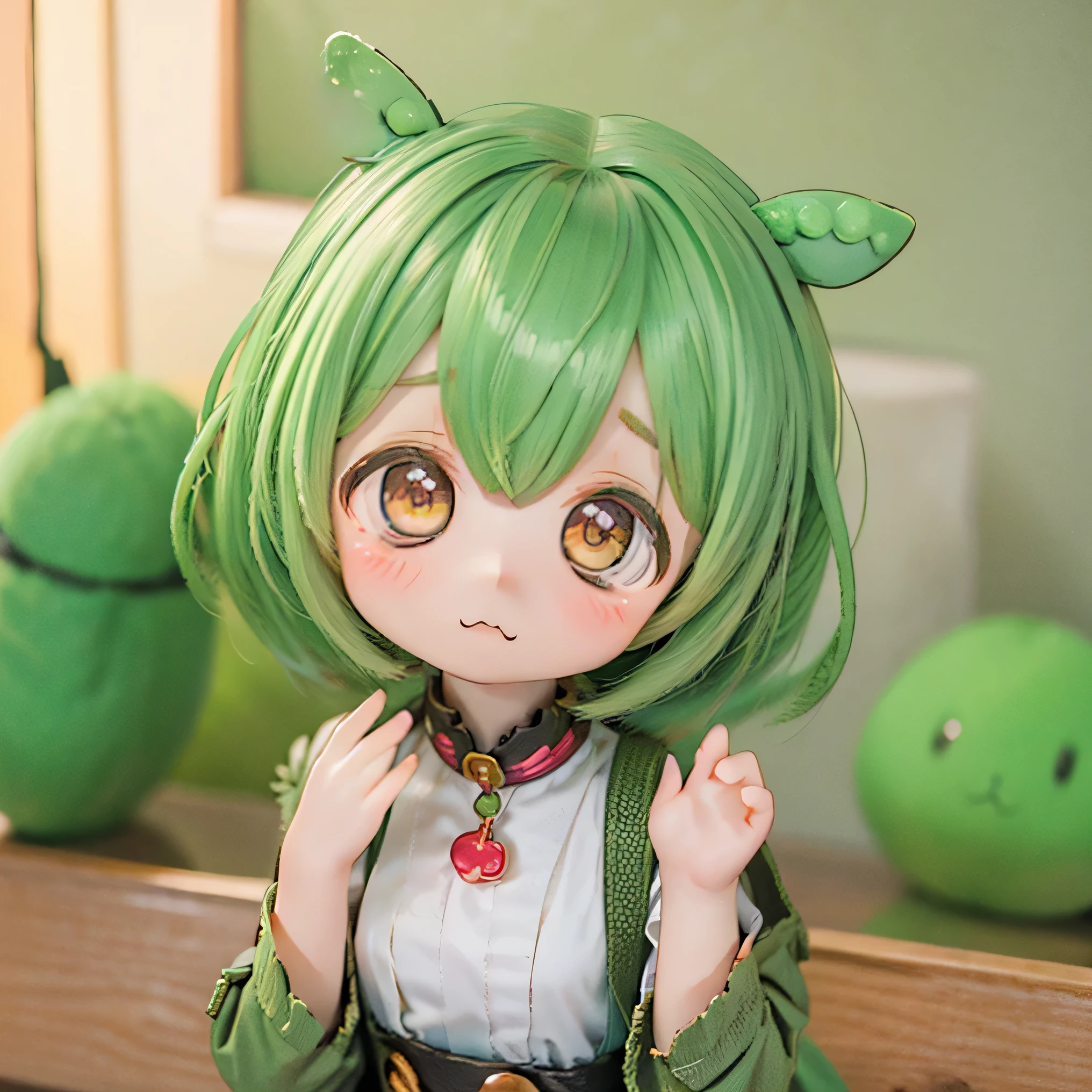 cute green-haired zundamon in playful pose, ( chibi), Detailed Character Design , intricate details , surreal , photorealistic , 8k, masterpiece , is high resolution, bright color, soft lighting , natural light, 、 warm palette , wonderful , fantasy , cute , cuteデザイン , , Heartwarming、Edamame、 naked、Around town