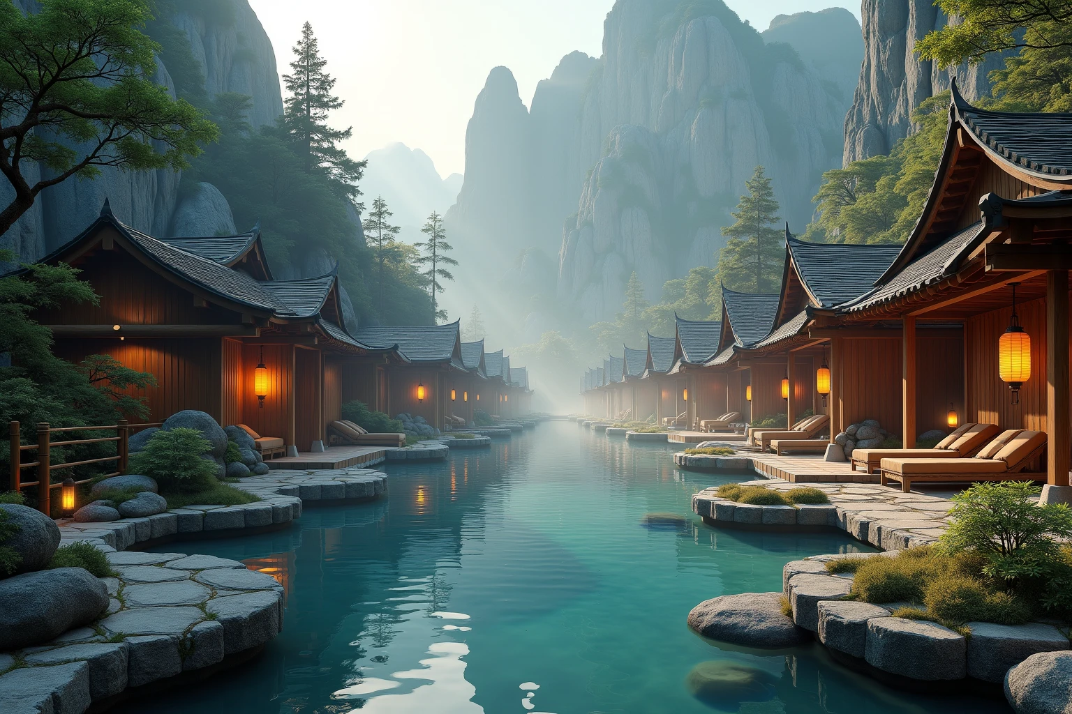 A tranquil rustic mountain hot spring village scene featuring a series of interlinked wooden bathhouses and open-air soaking pools carved into natural rock, their dark cedar planks and weathered teak beams supporting paper lantern-lit corridors lined with polished stone pathways and bamboo fences, plumes of steam wafting gently above the turquoise mineral-rich waters, nestled at the base of towering mist-shrouded limestone peaks and surrounded by lush moss-covered boulders and slender pine trees, rendered as an ultra-high-resolution digital matte painting in a photorealistic cinematic fantasy style blending fine painterly textures and crisp architectural details, composed in a panoramic 16:9 wide-angle shot positioned at water level to capture the reflective pool surface in the lower third and the glowing wooden structures rising toward jagged mountain silhouettes in the upper frame, illuminated by warm flickering golden lantern glow casting soft ambient light on wooden surfaces and diffused cool daylight filtering through drifting mist and sunbeams piercing the canopy, utilizing a harmonious color palette of amber wood tones, jade aqua waters, moss green accents, ivory mist whites, and slate gray stone highlights, evoking a serene, cozy, meditative, and mystical atmosphere ideal for tranquil retreat and natural rejuvenation.