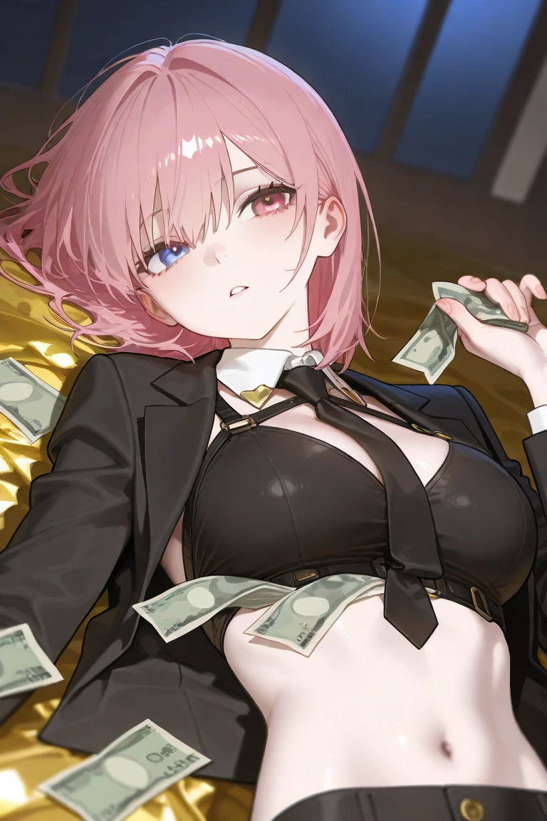 ((best quality)), ((masterpiece)), absurdres, extremely detailed, gloomy atmosphere, indoors, casino, 8k, wide angle, 1girl, from side, stack of cash, money, counting money, (mature female:1.2), gigantic breasts, open clothes, nipple slip, red hair, red eyes, smile, smug, smirk, teasing <lora:kunaboto 2:1>