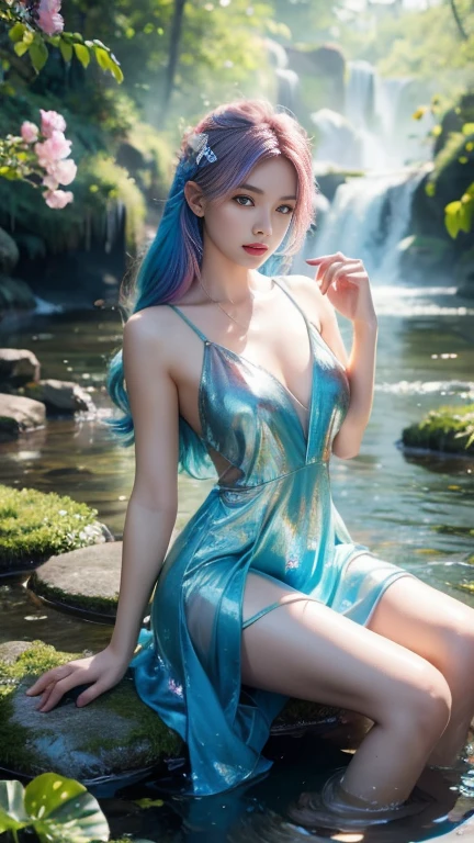 A girl floting on lotus lake, lake is full of lotus, colourfull lotus, water shining, girl wearing white dress, holding lotus, she have blue hair, blue eyes, double eyelashes, eyeshadow, pink lipstick, nose, collar bone, high quality image, masterpiece quality, ultra detailed image, super detailed image, 32k 64k, 1080p, sharp image, high resolution, 