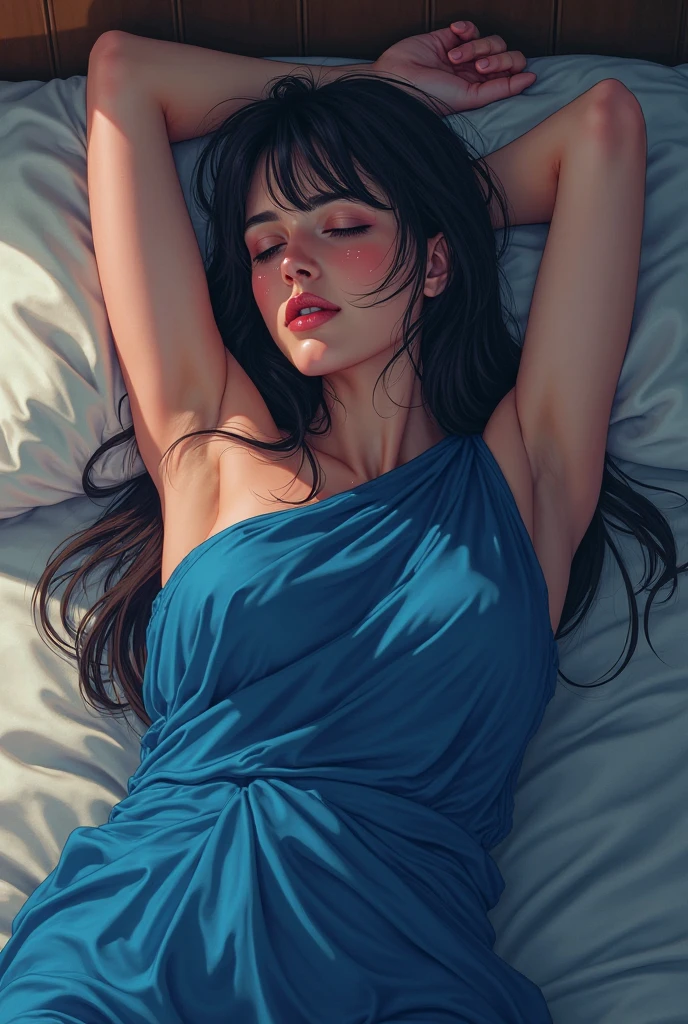 Create a high-quality image of a beautiful anime girl in her early 20s peacefully asleep on her bed. She has long, flowing hair that cascades over her pillow, and her face looks serene and relaxed. She is wearing a short tank top and sleep shorts that highlight her graceful figure. The bed is adorned with soft, cozy blankets and plush pillows. The room is softly lit by the gentle glow of a bedside lamp, casting a warm, soothing ambiance. The background includes subtle details like a nightstand with a book and a small potted plant, creating a tranquil and cozy atmosphere.