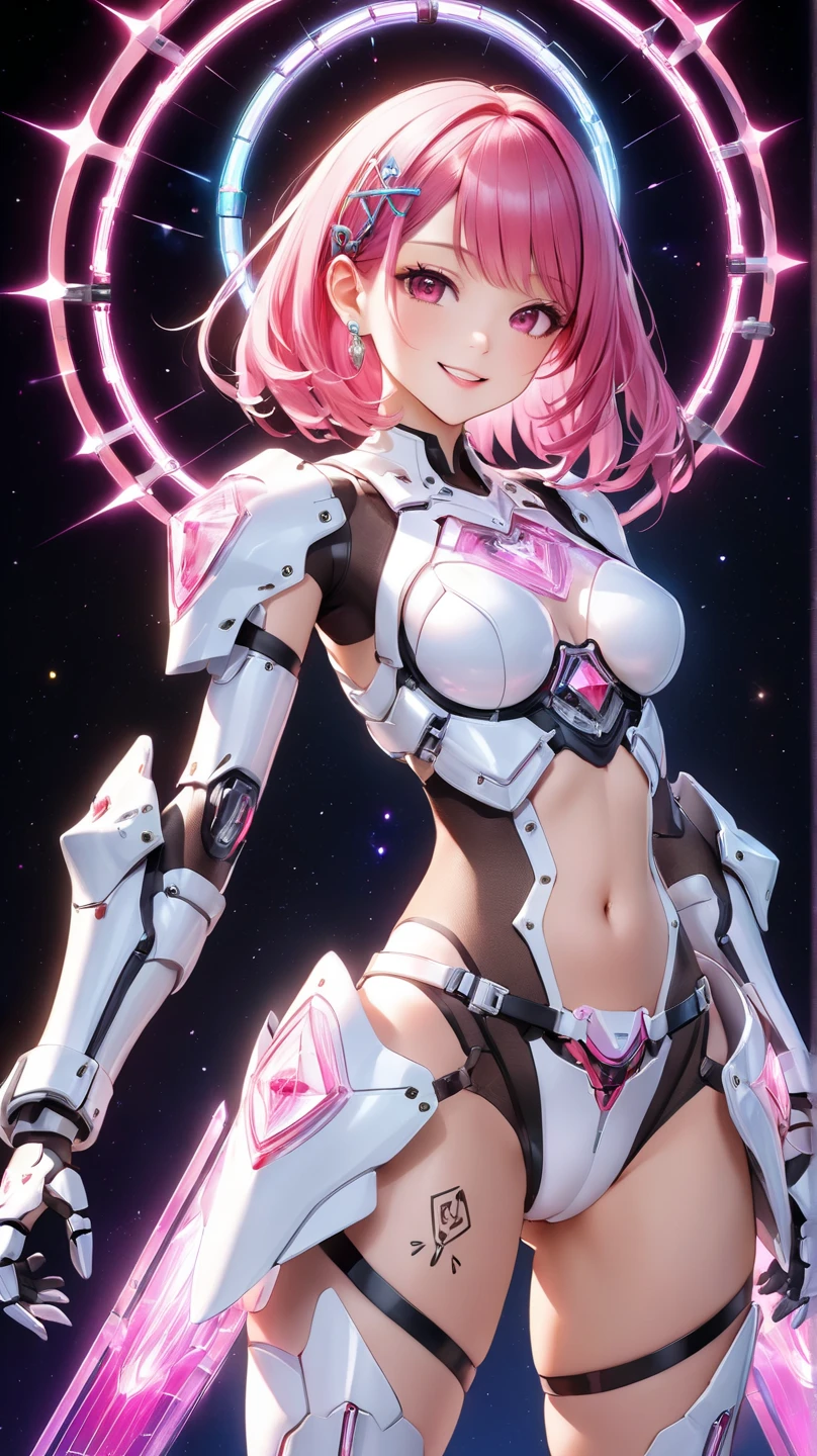  Taimanin suit, black leotard, fishnet, elbow bag, cuff, armored skirt, thigh boots, ((anatomically correct hand:1.5)), ((anime)), ultra precision, masterpiece, really beautiful, プリンセスのface, ((alone:1.5)), ((pink hair:1.5)), ((bob cut 1.5)), break, ((black eye)), shortcut, ((straight hair)), break, all limbs,((Refers to the whole:1.5)), break, (skin dents), ((skin dents)), professional lighting, (25 years old), tight waist, shiny skin (brown skin), ((oily skin)), glowing skin, looking at the viewer, ((cowboy shot:1.5)), look at the camera, 笑face, mouth is slightly open, ((cute:1.5)), extra fine eyes, Extra-fine face, ((thin lips:1.5)), ((droopy eyes)), わずかな笑face, ((model pose:1.5)), face, look at the camera, ((anatomically correct fingers:1.5)), sexy, perfect hands, (((arms behind:1.5))), ((Metallic costume:1.5)),