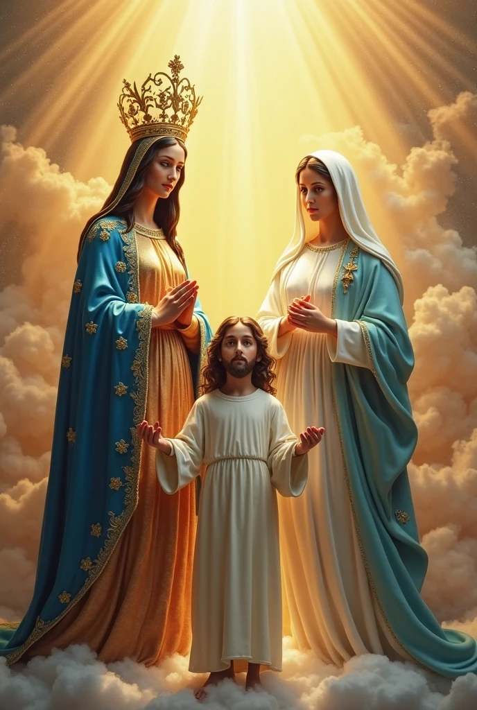 (photorealism:1.2), handsome Jesus Christ and virgin Mary carrying handsome baby Jesus in the throne, perfect real images, wearing the aqua blue color of palace clothes and crown with light in their head and their heart spreading all over in the palace, perfect Jesus Christ, perfect virgin Mary, perfect baby Jesus, real Jesus Christ, real virgin Mary, real baby Jesus, perfect five hands, perfect foot,perfect smiling face, elegant, soft lighting, many clouds, stand straight, realistic, intricate details, warm colors, by Earl Cornelio Necor