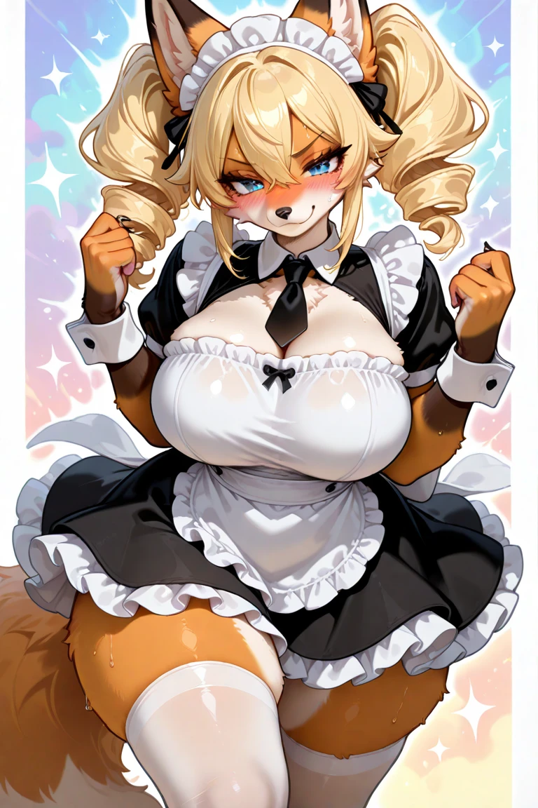 (masterpiece), best quality, 1girl, huge breasts, cleavage, furry girl, rabbit girl, (pale blonde hair:1.2), long hair, (curly hair:1.2), blunt bangs, full bangs, blue eyes, white rabbit ears, animal_ears, (sleeveless maid outfit:1.2), looking at viewer, indoors,