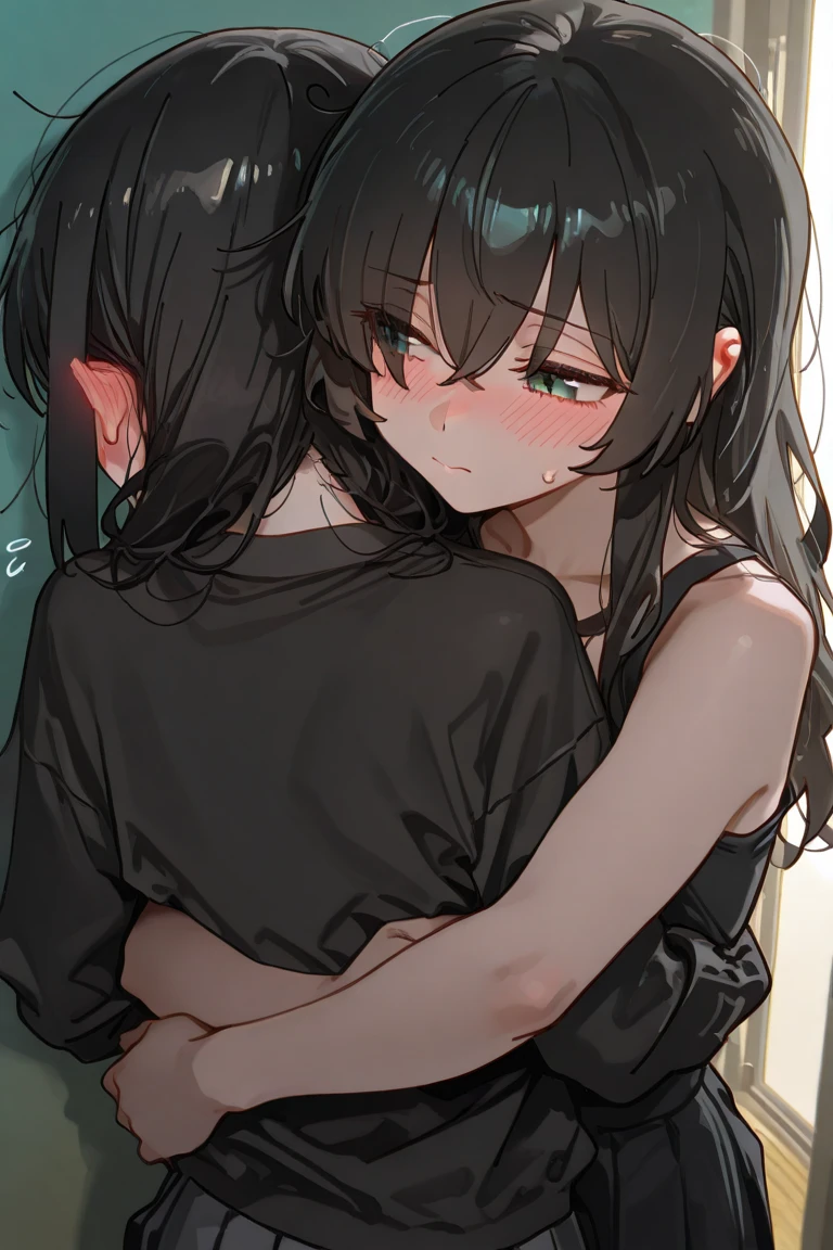 NSFW 表情にクローズアップ 黒いNo sleeve:1.3 1 female 1 male、Sex:1.3 On a white bed, in an apartment room, excitement, sweat, flushing), (Night, dark room, apartment room, lying on a white bed, troubled face, crying face)、 No sleeve、(Black hair, medium length, ponytail, straight hair, bangs swept to the side:1.9 Slanted eyes Brown eyes Tall Big breasts Strong Beautiful Cute) 、 細身の筋肉質の男とのSex