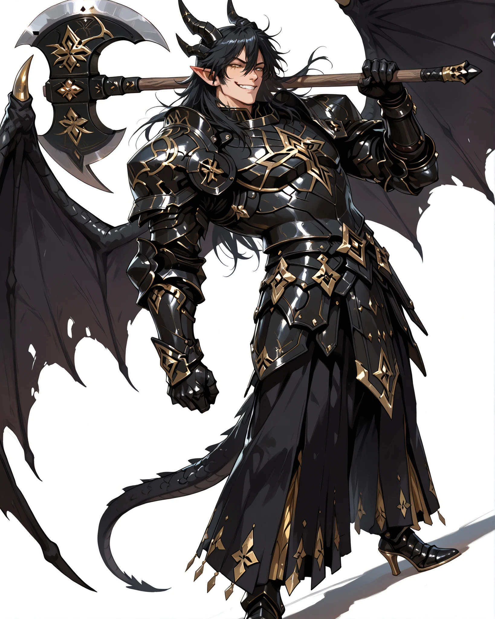 score_9, absurdres, (masterpiece, best quality: 1. 5), highres, 8K wallpaper, CG, (((Anime))), (1 male), solo, lean body, (bulging muscles, masculine), (floating in the air), weredragon, japanese anime style, glossy black, shiny black leather, ((beautiful golden eyes, finely detailed eyes, bright eyes, vertical iris)), hair between eyes, black hair, long hair, sideburns, wild hair, unkempt hair, thick and luxuriant hair, (sly grin, smirk, evil smile), teeth, confident, ((ultra detailed face)), shiny skin, long pointy ears, twisted torso, long-legged, sculpted face, wasp waist, dragon horn, dragon tail, dragon wings, dragon sharp claws, (black armor with a lot of grandiose decorations), half dragon half human, dramatic angle, dynamic posture, (((holding giant axe on shoulder))), ultra detailed black armor, black armor with gold accent, all black outfit, full body, emphasize face, sharp focus, good-looking man, well-polished black armor, charismatic pose, (best illustration), cinematic, dramatic lighting, (intricate detail, super detail, extreme detailed, super detailed: 1. 5), (highly detailed artwork), dramatic shadows, tenebrism, chiaroscuro, wonderful pose, chiseled features, stark contrast, heavy shadows, detailed black decorations, beautiful and aesthetic, photoreal, from side, (mysteriously crafted black metal armor: 1. 5), sparkling accessories, (ultra detailed fantasy black armor), dressed in black, broad shoulder, true-to-life visuals, artistically refined, dramatic contrasts, ((extremely delicate and beautiful armor, elaborate armor details)), (dark armor, stylized armor), exquisite goldwork, wonderful black armor, armor with intricate engravings, ((armor-type high heels)), ((detailed shoulder armor with intricate engravings, gold accent black armor)), (128K Ultra High Resolution), very gorgeous and dazzling, dark fantasy black knight, slim waistlines, wide chested, sinewy body, simple white background, (((Hyper Detailed & Perfectly Designed Black Armor)))