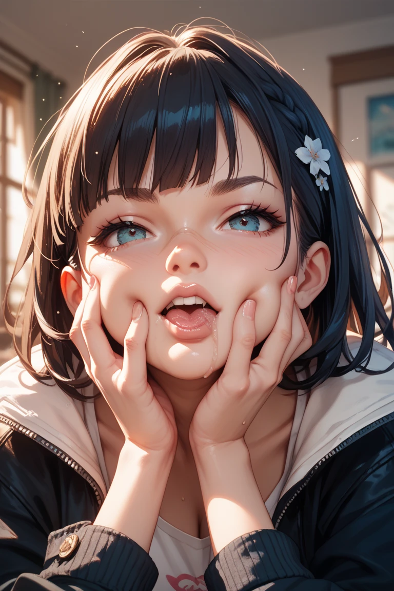 Photo Real、photoRealstic、独奏、full screen、full screen face、Sideways view A dark-haired、short-hair、Blunt bangs、Untidy hair、dishevled hair drooing eyes、azure eyes、At the back of the throat、in mouth Faces close、Bring your face closer、Face Close-up、Look here、Acme face、panting、AHE Face、put out the tongue、droolng、dripping saliva、Breath is rough、Sigh Background with、In the futon、PILLOWS