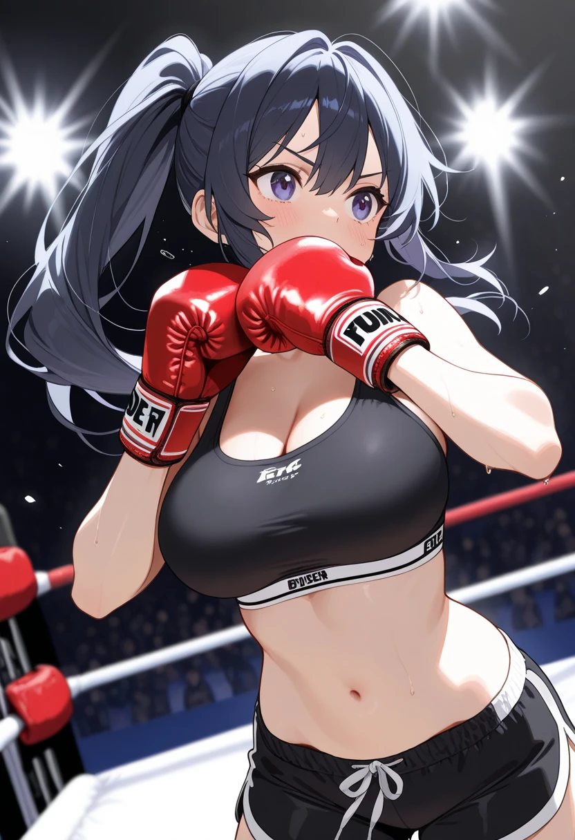high quality, girl, Long black hair tied into a ponytail, Brown eyes, Arrogant smile, Wearing black low-cut underwear, Black stockings，Black briefs，Wearing white boxing gloves, Standing alone in the dark boxing ring in an empty gym, Hands in boxing gloves，Head defense，Cleavage，Large Breasts