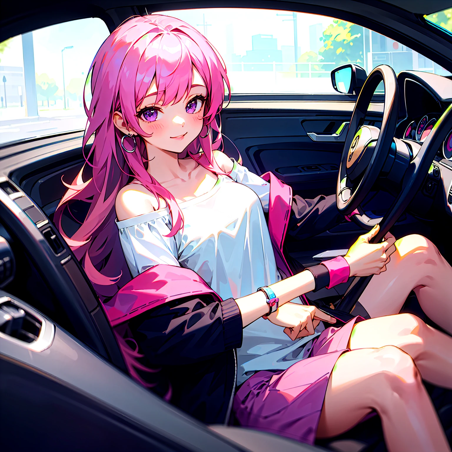 (masterpiece, Highest Quality),1 girl sitting in a car ,1 girl,  jewelry, smile, is watching viewers,  car interior , solo,pink hair, Purple Eyes, steering wheel, , long hair, white shirt, off-shoulder, black jacket,  o, long sleeve, , wristband, 