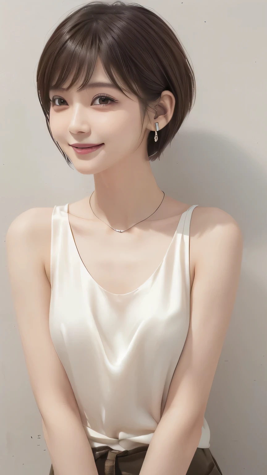 ((Highest Quality, 8k, photorealistic expression:1.5、delicate、 details:1.5、masterpiece: 1.3))、(( Skinny Body:1.6))、(((A 30-year-old Japanese Woman )))、(( natural makeup without ornaments 、lipstick )),(((Tight Flat Breasts)))、(( Light Brown Hair 、 short hair、 pixie cut earrings、Cecil Cut、 Asymmetric、超short hair:1.3))、(( detailsな目))、((silk white tank top))、((I'm grabbing clothes))、((with a fresh smile))、((I'm closing my mouth ))、 necklace , ( professional cool lighting:1.3)、((from waist to head with camera))、(( SIMPLE DARK CONCRETE WALL))、