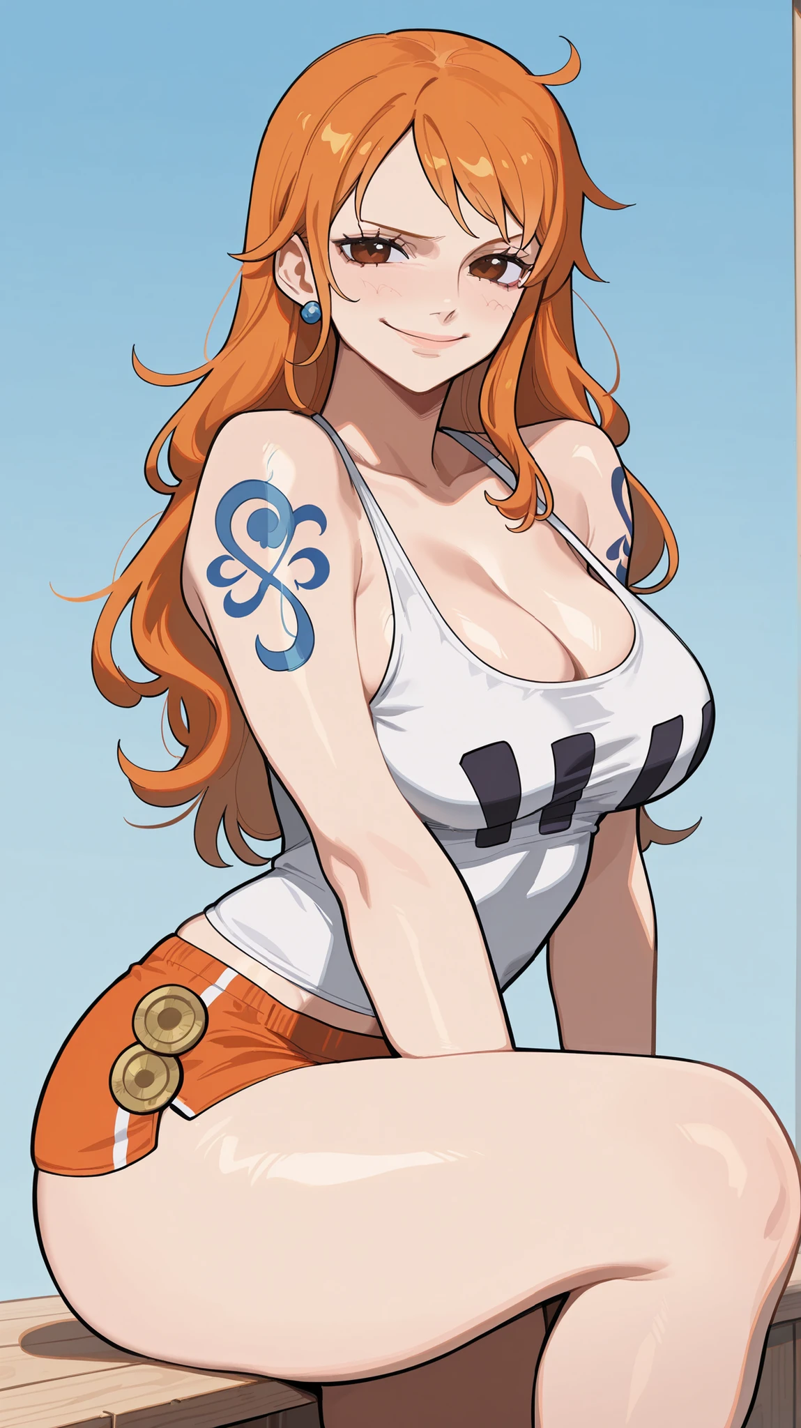 masterpiece, best quality, amazing quality, newest, very aesthetic, 1girl, nami \(one piece\),smile,looking at the viewer,tanktop,short,cute pose