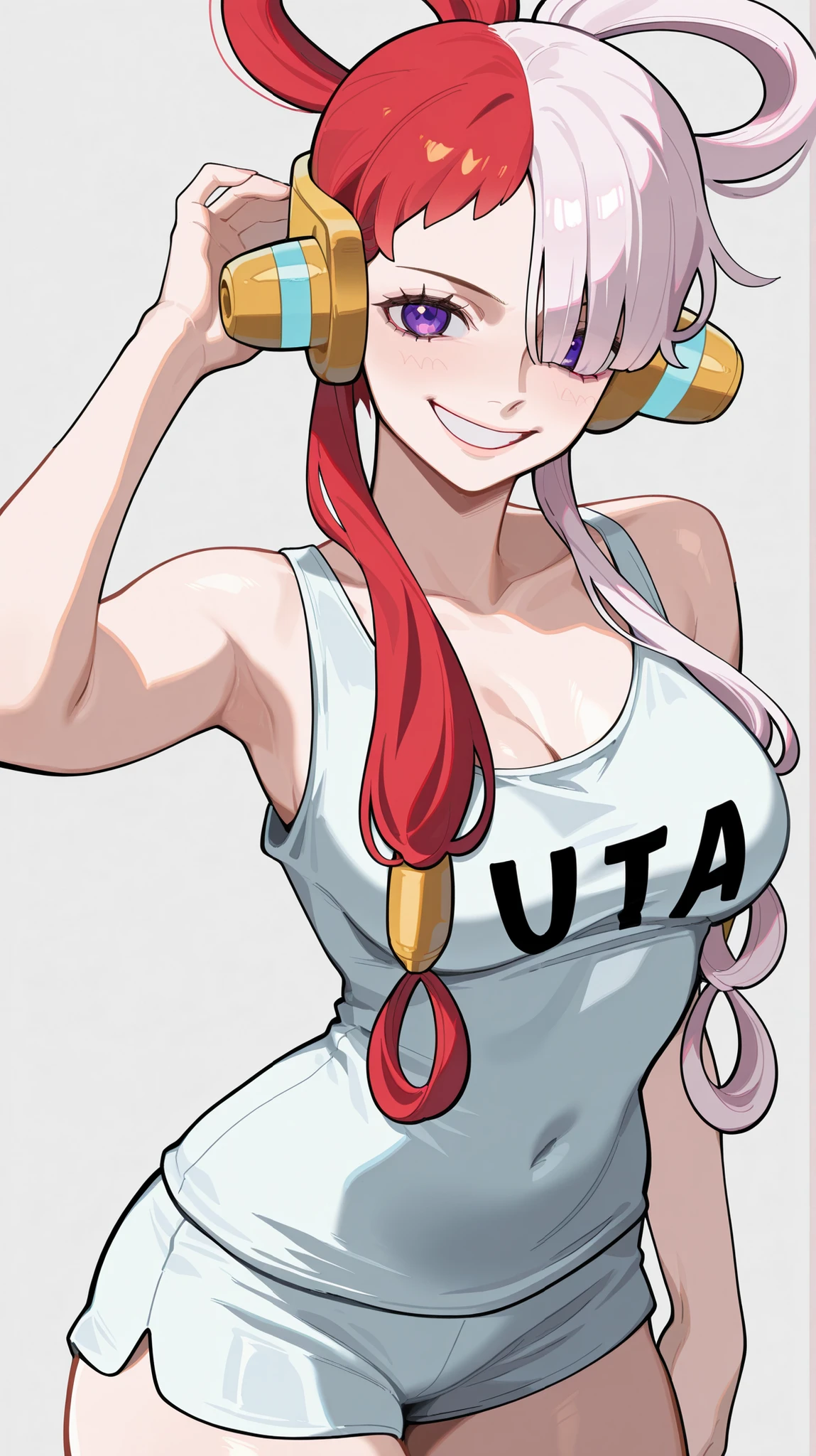 masterpiece, best quality, amazing quality, newest, very aesthetic, 1girl, uta \(one piece\),smile,looking at the viewer,tanktop,short,cute pose