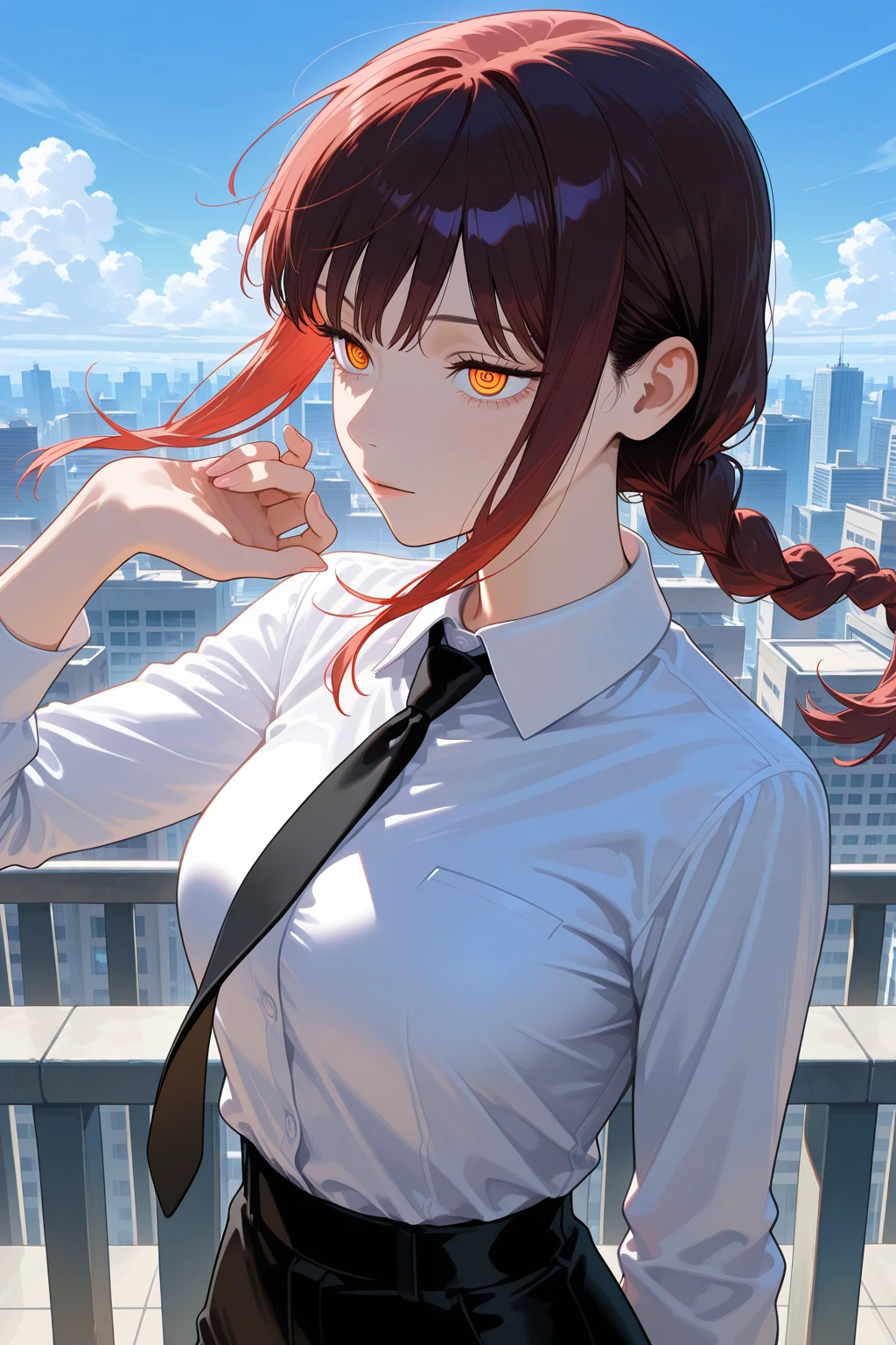 makima\(chainsaw man\), smile, long sleeves, red hair, necktie, large breasts, solo, looking at viewer, thick thighs, pants, black pants, yellow eyes, 1girl, white shirt, braided ponytail, ringed eyes, high-waist pants, shirt, braid, shirt tucked in, simple background, white background, black necktie, collared shirt,
