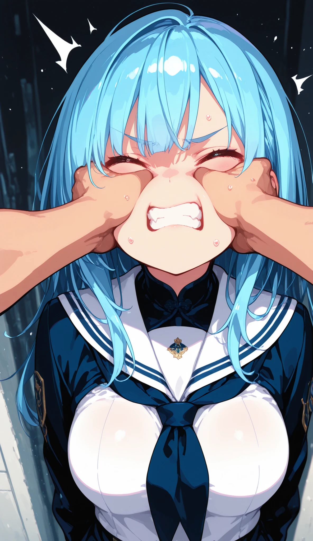 tomorrow ark、arknights、Mizuki,blue hair、short hair、Dark pink eyes、（Boy being strangled by a man with both hands）、pov_strangling、choking、asphyxiation、pov ???、Drooping eyes,??????????? ,Natural light、I'm trembling,excessive ??????,perfect ???????,(((?????? expression))),panic,empty eyes（（（??????????? ））,drooling、Are crying、worried and stunned、Watery eye、open your mouth、（（????????））, ?????? due to pressure、????????,many sessions ,torn clothes,yawn loudly,??? Lora,??????????? ???,???,