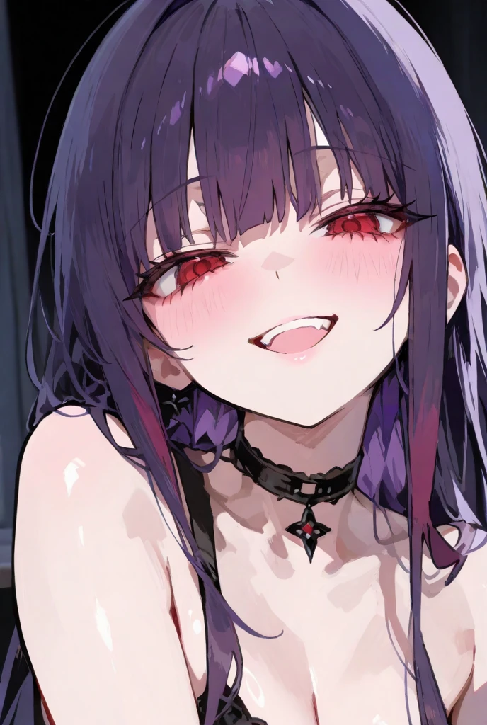1girl, white background, red eyes, long hair, purple hair, bangs, call girl costume, closed mouth, smile, blush, masterpiece, best quality, very aesthetic, absurdres