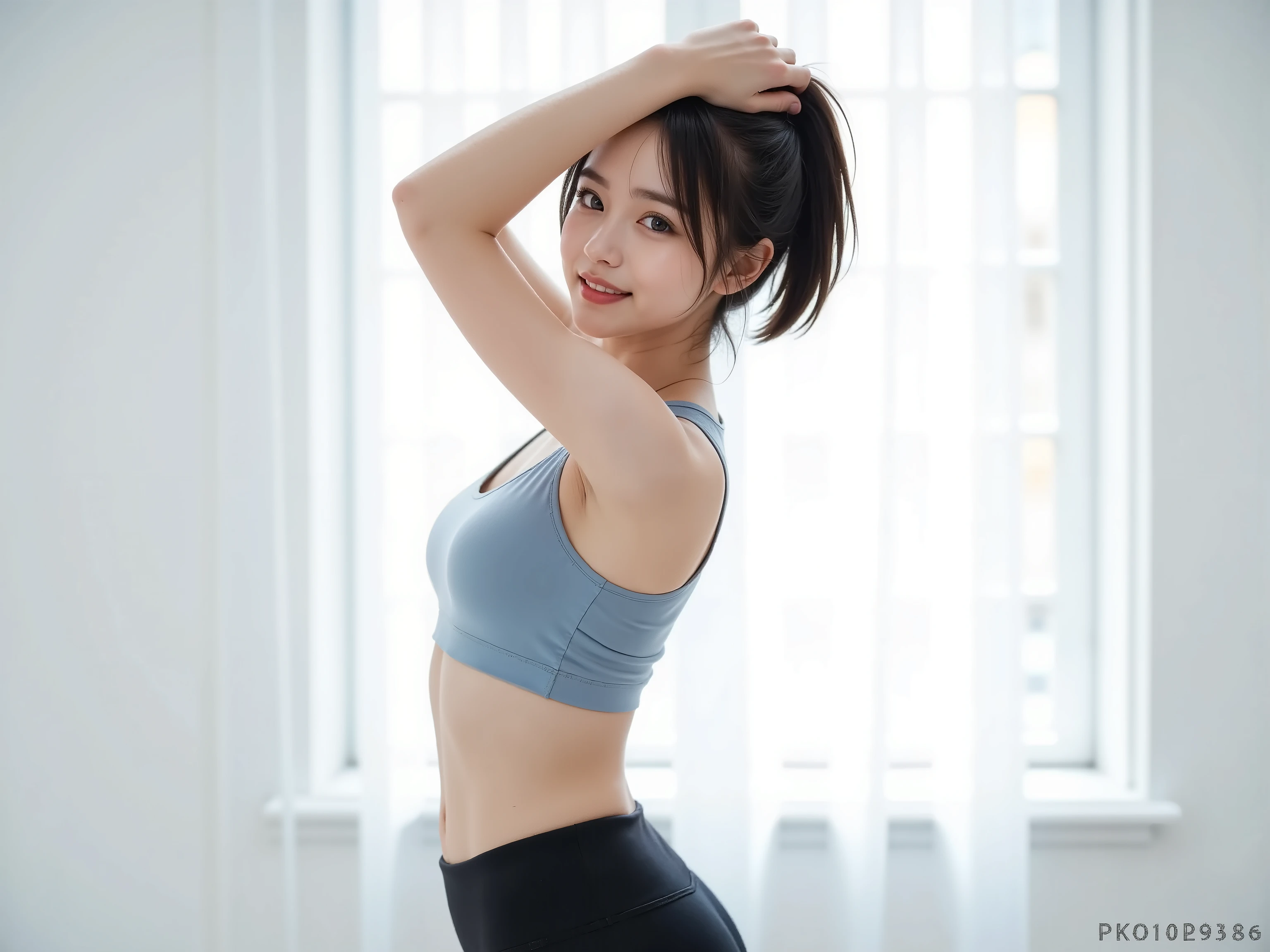 8K, Ultra-high resolution, Highest quality, masterpiece, 三分割法によるphotograph,Surreal, photograph, 1 Girl, (16 years old:1.3), pretty girl, Cute face, Beautiful eyes in every detail, 細かくdetailedに,masterpiece,, One Girl:1.2, Japan Female Announcer,full body,from below,from behind,((very small head:1.3)),Center-parted bangs,amount,Black Hair,Long Hair,Iris,Gorgeous eyes,smile,((Toned body,Slender body,skinny)),(Sports bra、Bra Top,Shorts),振り返ってsmile,Glowing Skin,Shiny skin,Working on a stepladder,Paint,Beautiful leg line beauty,Captivating thighs,Full of sex appeal,Sensual,屈託のないsmile,Heal the heart,Low ponytail、beauty,Long neck、Laugh a little、Please close your mouth and laugh、(((Ideal body type))),A cup small breasts :2,、Portraiture:2、Perfect Anatomy、鮮明なdetailed、detailed、Surreal、Light and shadow,Strong light
