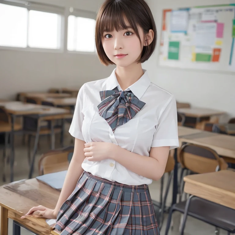 (8k, Photorealistic, Raw photo, Highest quality: 1.4),Japanese idol-style beautiful girl,1 person,17 years old,Hairstyle(Short Bob,Black :1.4),She has her hair tucked behind her ears,Large, clear grey eyes,Long eyelashes,Plump Cheeks,Thin and delicate shoulders,thin abdomen,Blackの靴下を履いている,(bra(Pink,With ruffles)Wearing),(She is wearing a plain white short-sleeved blouse with all the buttons undone.),(Her chest is wide open and her bra is visible),(The hem is not tucked into the skirt),(The entire clavicle is visible),(Pleated skirt(Plaid)Wear),School classroom,(Sit on a desk(Spread your legs wide :1.4)),(Place your hands on your ??????),(Angle from below the front),Full body portrait