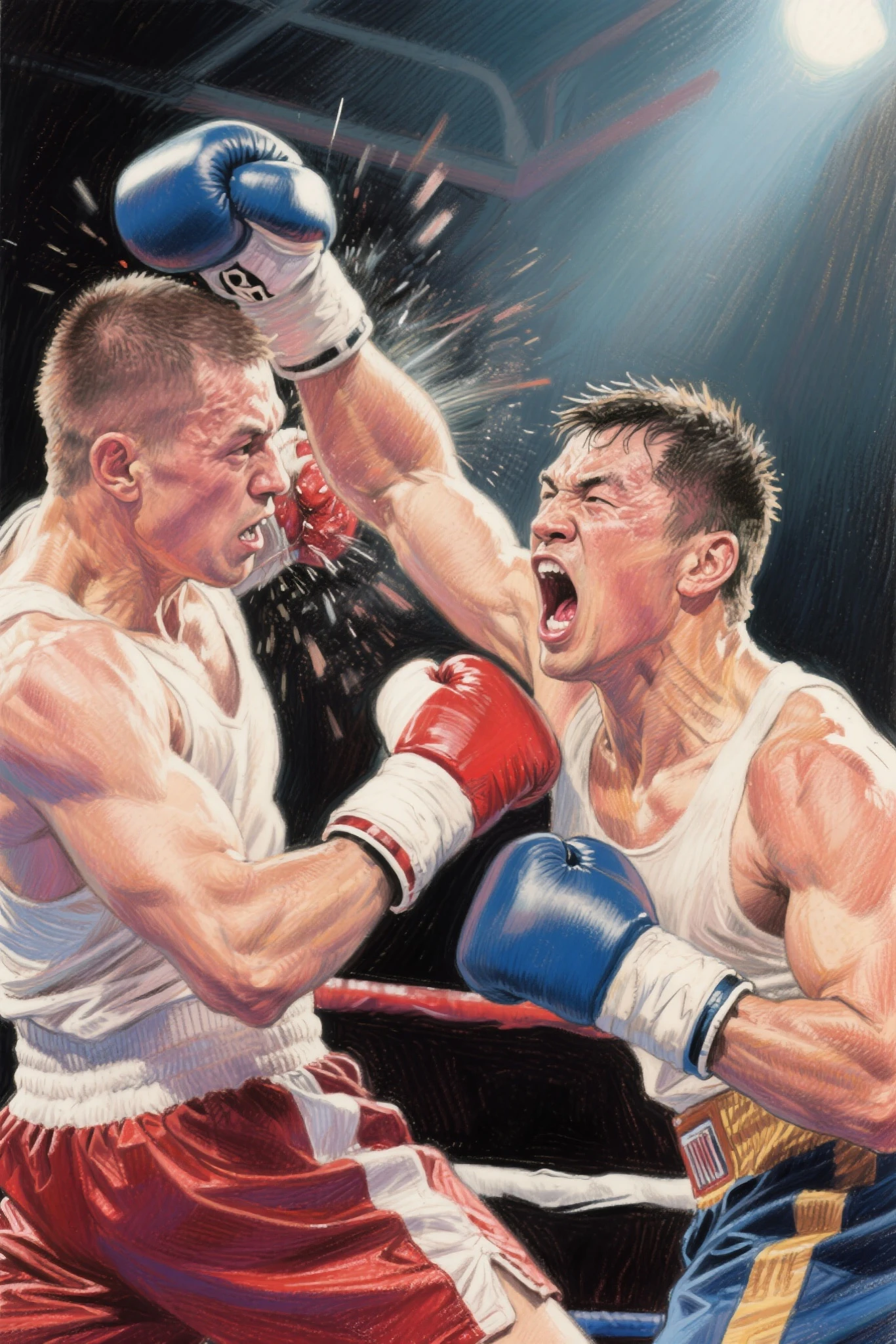 Design a boxing match scene with details: Under the scorching lighting of the boxing ring, two champion boxers are engaged in a fierce battle, sweat and blood intertwined on their boxing gloves. The crowd in the audience was boiling, cheering one after another. The coaches watched the game nervously, with dramatic gestures and expressions. The entire scene is filled with tension, speed, and a sense of power,Championship Boxer, Muscle Tone, Attack Stance, Defensive Stance, Dodge, Straight Punch, Hook, Uppercut,Boxing Gloves, Shorts, Tank Top, Boxing Shoes, Mouthguard,Sweat Drenched, Bloodied,Enthusiastic Audience, Screams, Standing Ovation, Coach's Instructions, Tactical Gestures,Boxing Ring, Ropes, Lights, Shadows, Audience Seating, Background Billboards