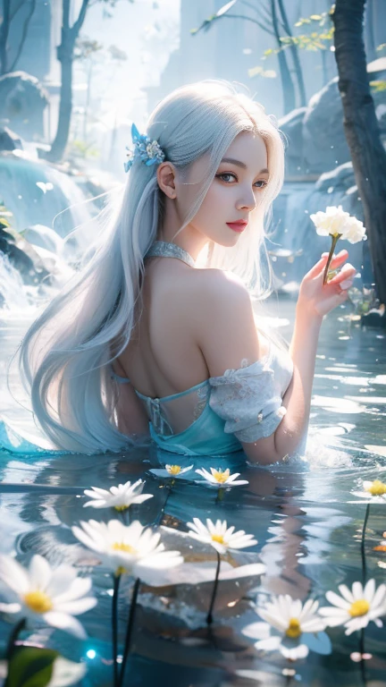 Beautiful mermaid, white long hair, red eyes, realistic photo, high detailed, Realistic, high resolution, high texture, beautiful beauty, long flowing hair, big red eyes, full and high straight, swimming, silver and bluesea fish tails, pale skin, happy red eyes, masterpiece, best quality, (extremely detailed CG unity 8k wallpaper), (masterpiece), (best quality), hand fingers of human, (polychromatic:1.25), (scenic:1.2), (heterochromatic:1.2), (ultra-detailed), (best illustration), (best shadow), (lightfast), (highly detailed reflection), (an extremely delicate and beautiful), (fantasy), (dynamic angle), (dynamic pose), (1 mermaid floats in undersea), (white hair), (long wavy hair), (swirling hair), (gradient hair), (white and light blue dress), eyelashes, (highly detailed face:1.3), (light particles:1.3), (highly detailed light:1.3), (light changes to water:1.5), ( lots of water current), red, vermeil, orange, yellow, green, lime, peach, colar, pink, aqua, blue, violet, (gradient colored background), smile, upper body, (detailed blue sky:1.3), (ribbon strawwps), (close up:0.8)
